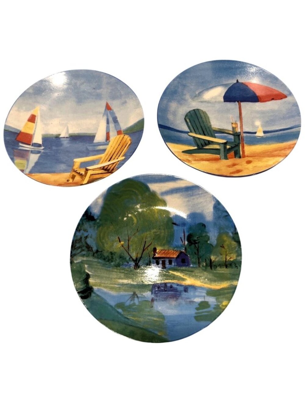 Decorative Ceramic Beach & Cottage Scene Plates Set Of 3 6" Diameter Made In Chi